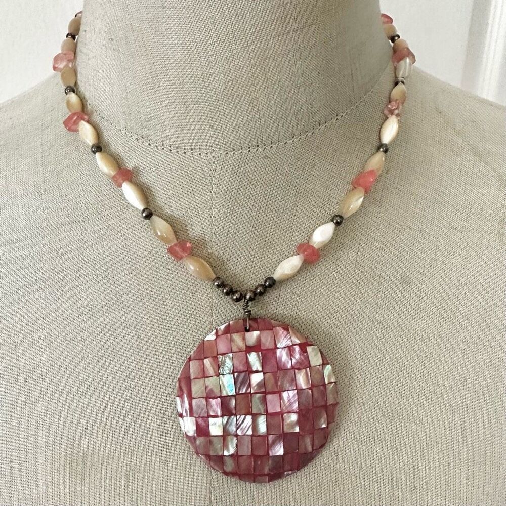 Sterling Shell pink shell Mosaic Pendant Necklace